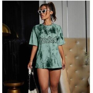 Oversized Lunessa Mountain & Moon Print Tie Dye Tee Graphic Tees Women Tops